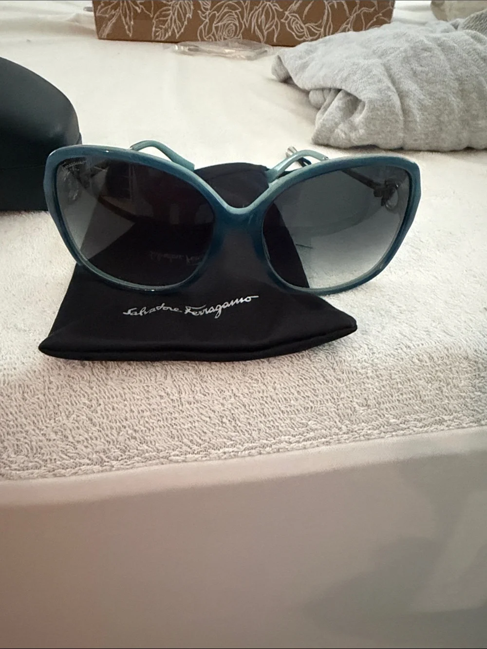 Salvatore Ferragamo Teal Cat Eye Sunglasses with Dark Lenses